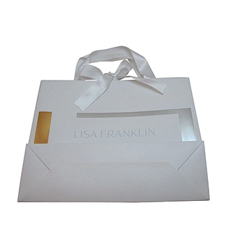 Wholesale Eco-friendly White-Gold Shopping Paper Bag with Handles and Ribbon